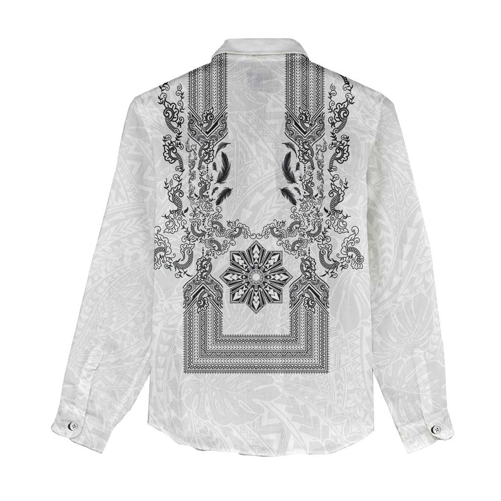 Philippines Barong Style Women Casual Shirt with Polynesian Art and Leaf Motif Black-White Color LT03 - Polynesian Pride
