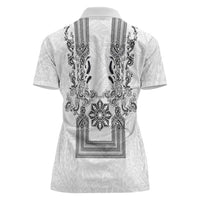 Philippines Barong Style Women Polo Shirt with Polynesian Art and Leaf Motif Black-White Color LT03 - Polynesian Pride