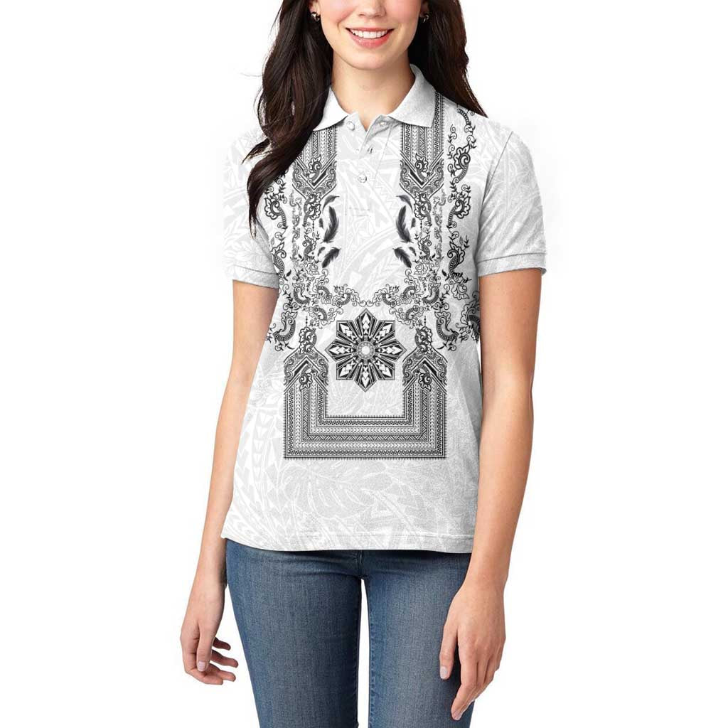 Philippines Barong Style Women Polo Shirt with Polynesian Art and Leaf Motif Black-White Color LT03 - Polynesian Pride