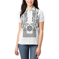 Philippines Barong Style Women Polo Shirt with Polynesian Art and Leaf Motif Black-White Color LT03 - Polynesian Pride