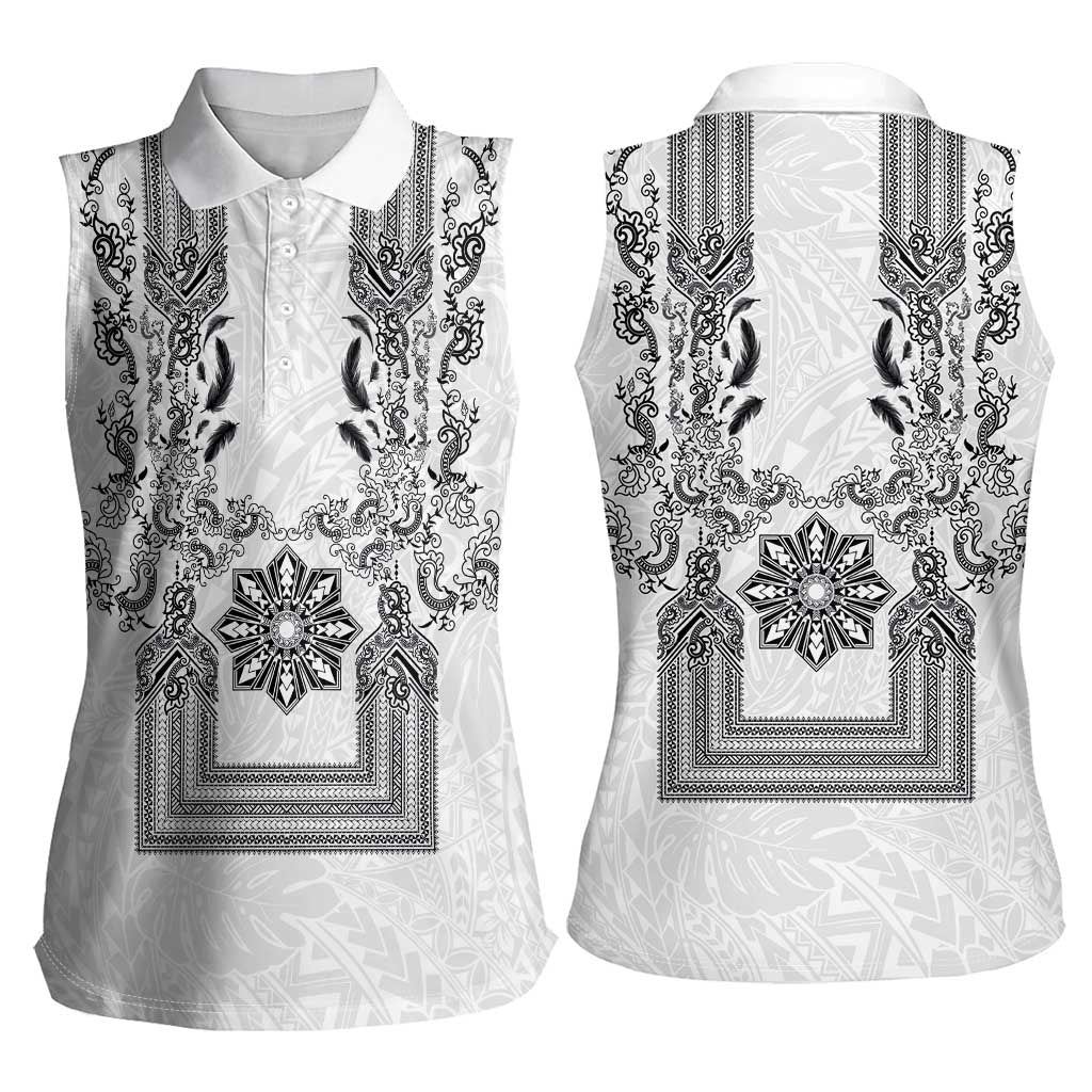 Philippines Barong Style Women Sleeveless Polo Shirt with Polynesian Art and Leaf Motif Black-White Color LT03 - Polynesian Pride