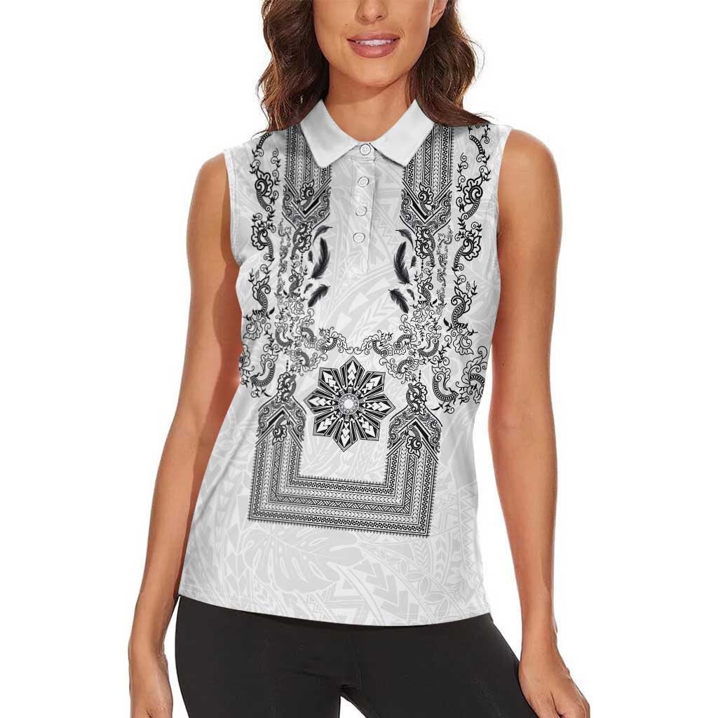 Philippines Barong Style Women Sleeveless Polo Shirt with Polynesian Art and Leaf Motif Black-White Color LT03 - Polynesian Pride