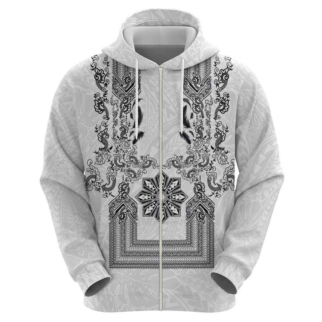 Philippines Barong Style Zip Hoodie with Polynesian Art and Leaf Motif Black-White Color