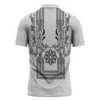 Philippines Barong Style Zipper Polo Shirt with Polynesian Art and Leaf Motif Black-White Color LT03 - Polynesian Pride