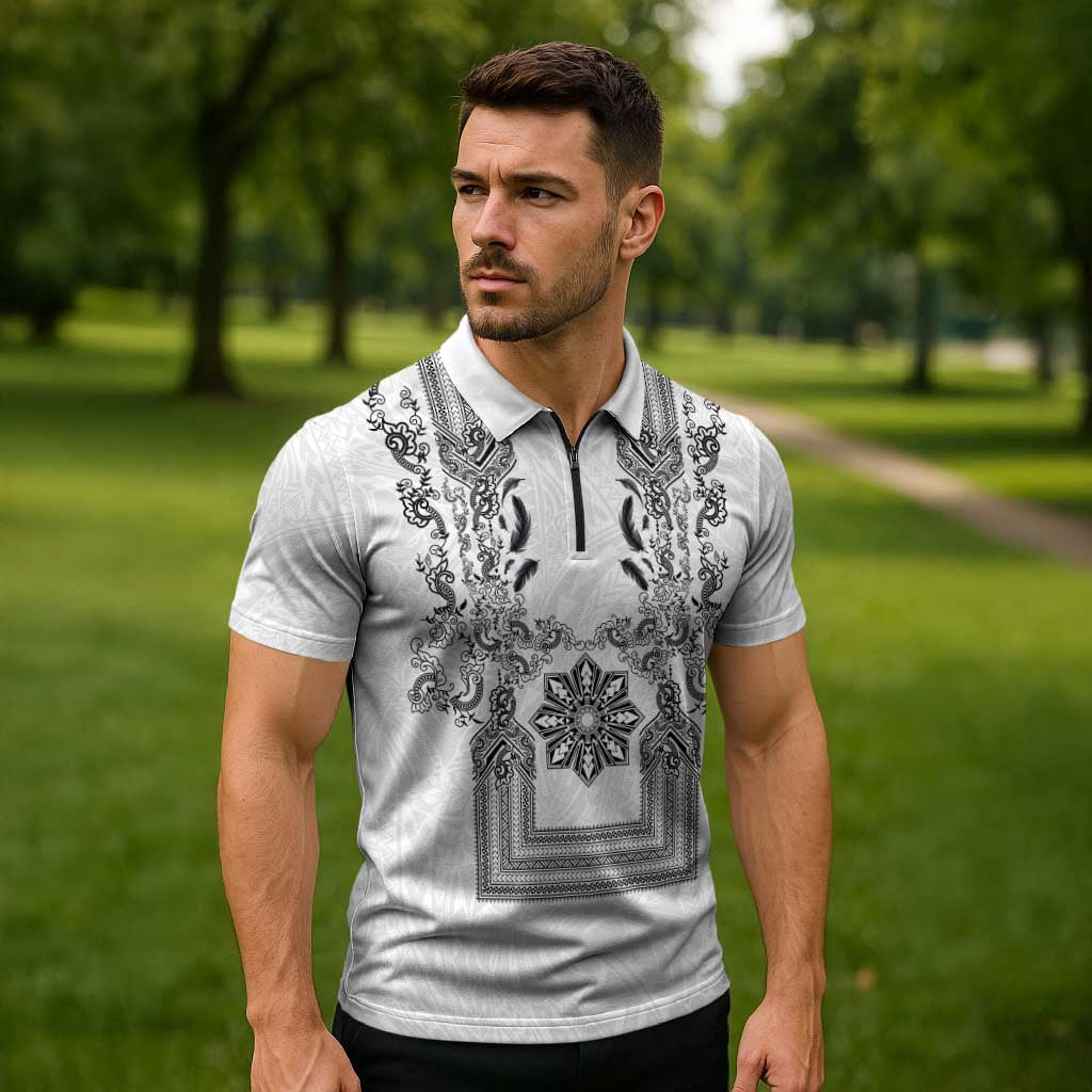 Philippines Barong Style Zipper Polo Shirt with Polynesian Art and Leaf Motif Black-White Color LT03 - Polynesian Pride