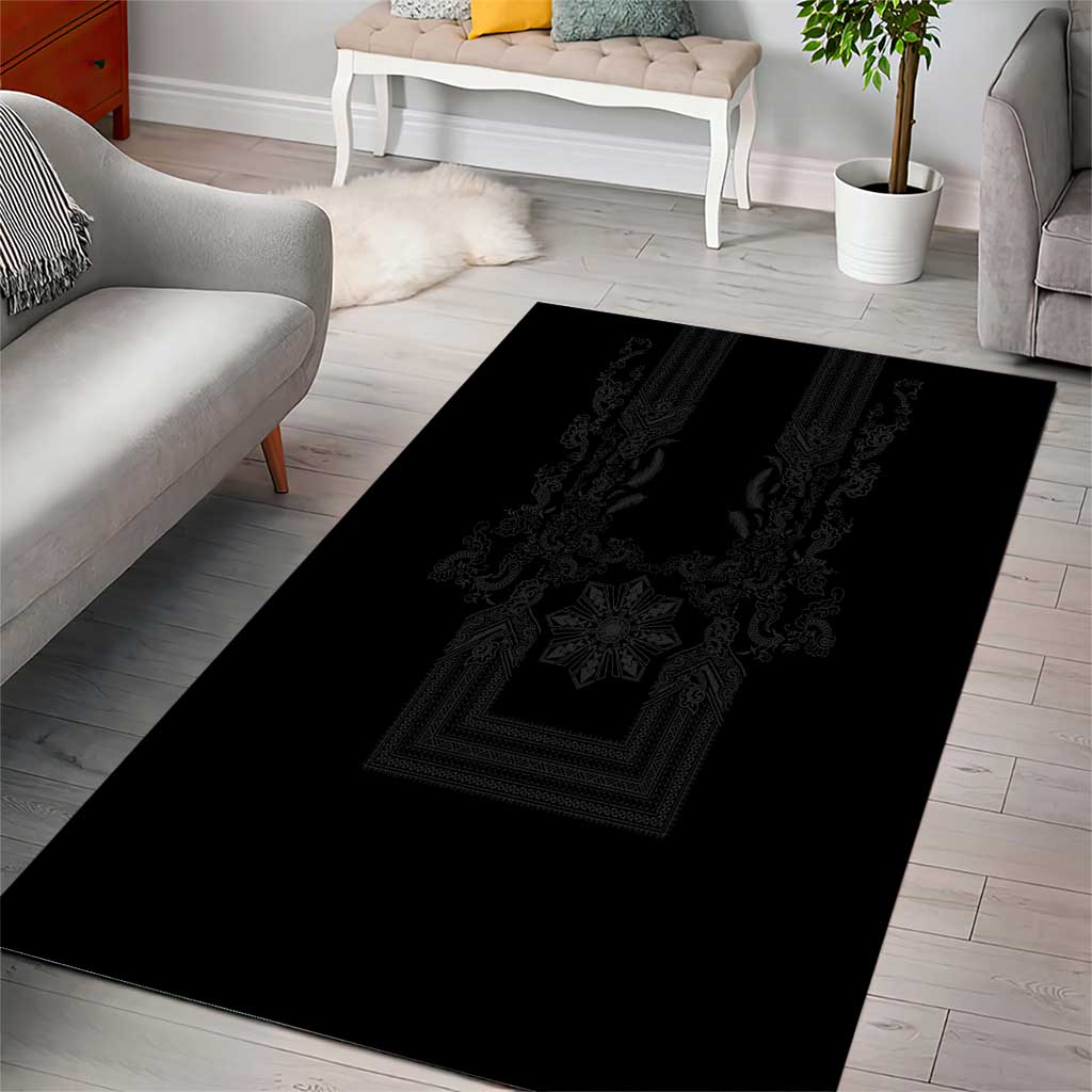 Philippines Barong Style Area Rug with Polynesian Art and Leaf Motif Black Color