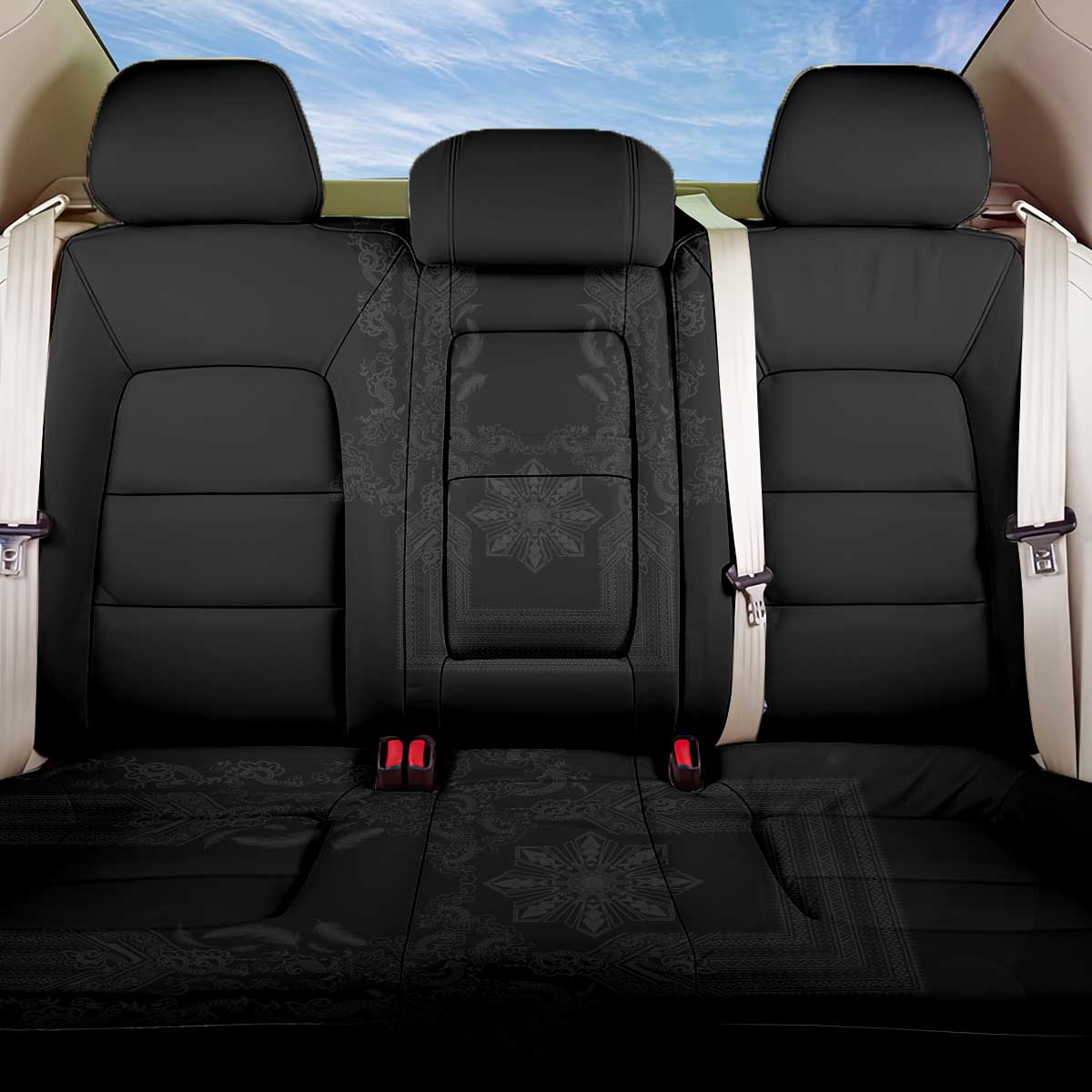Philippines Barong Style Back Car Seat Cover with Polynesian Art and Leaf Motif Black Color