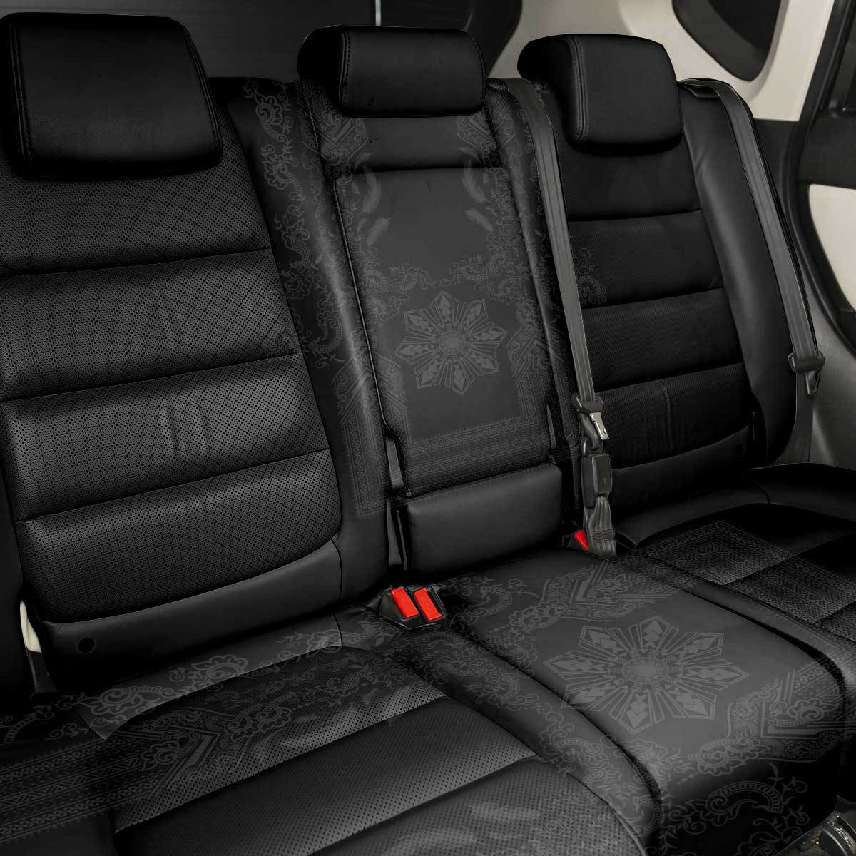 Philippines Barong Style Back Car Seat Cover with Polynesian Art and Leaf Motif Black Color