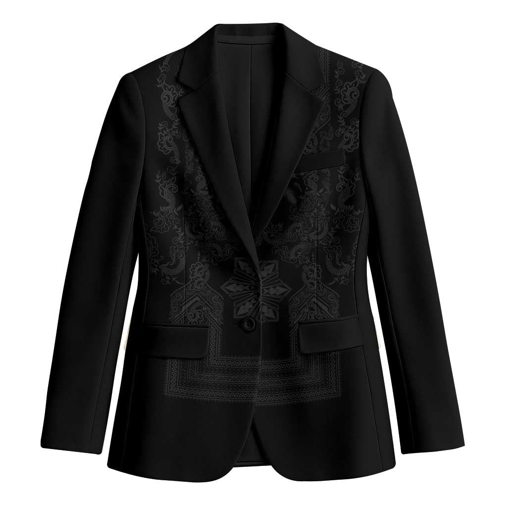 Philippines Barong Style Blazer with Polynesian Art and Leaf Motif Black Color