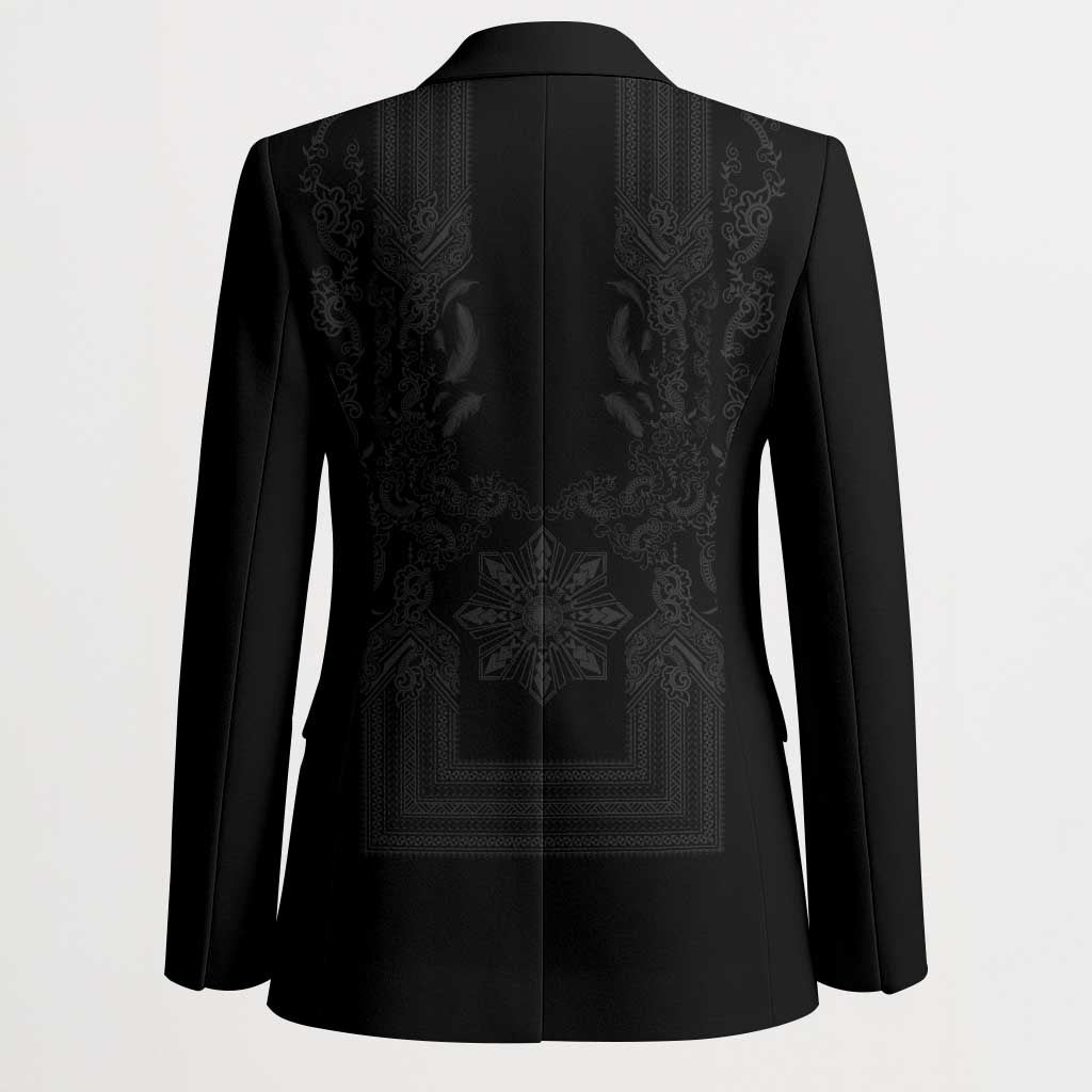 Philippines Barong Style Blazer with Polynesian Art and Leaf Motif Black Color