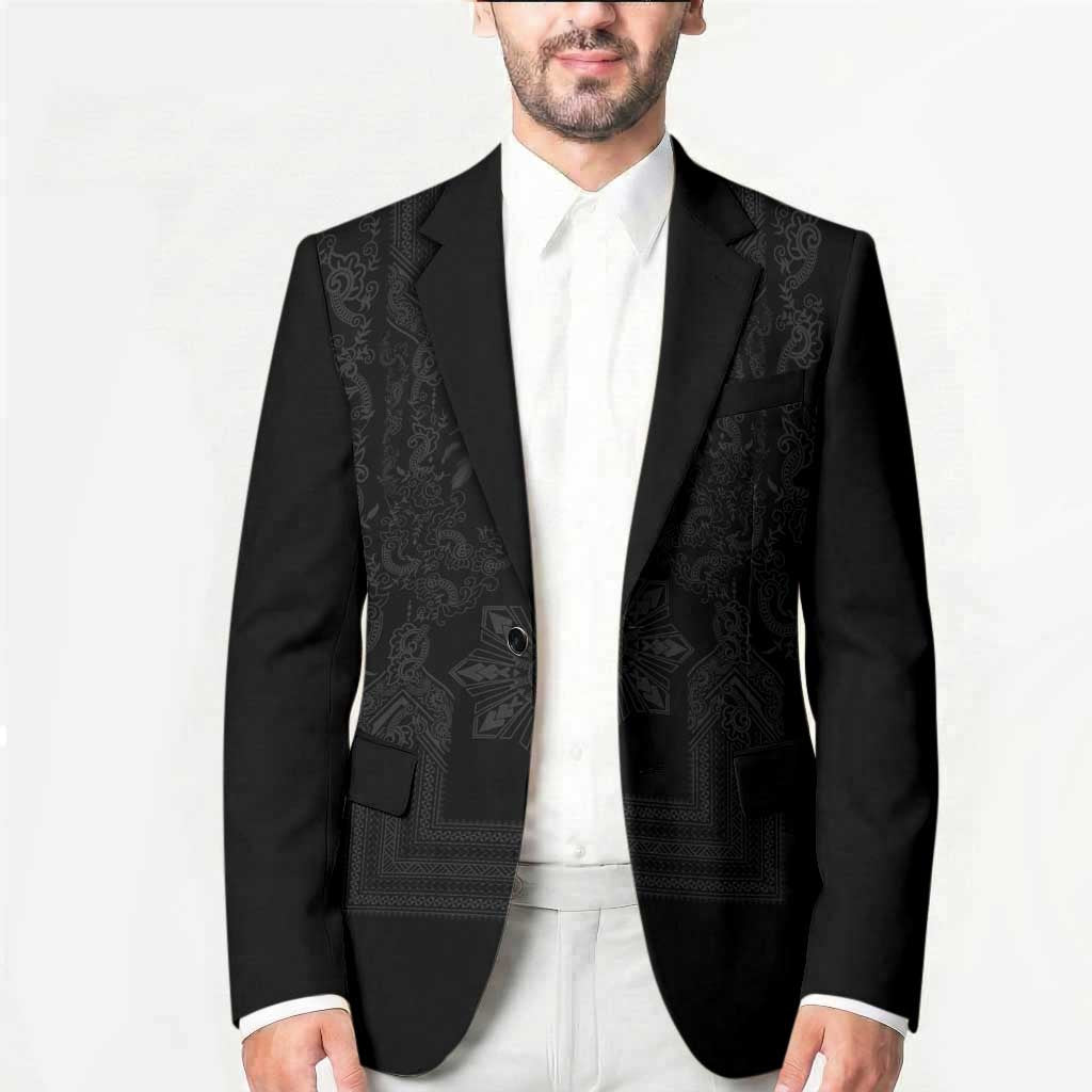 Philippines Barong Style Blazer with Polynesian Art and Leaf Motif Black Color