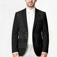 Philippines Barong Style Blazer with Polynesian Art and Leaf Motif Black Color