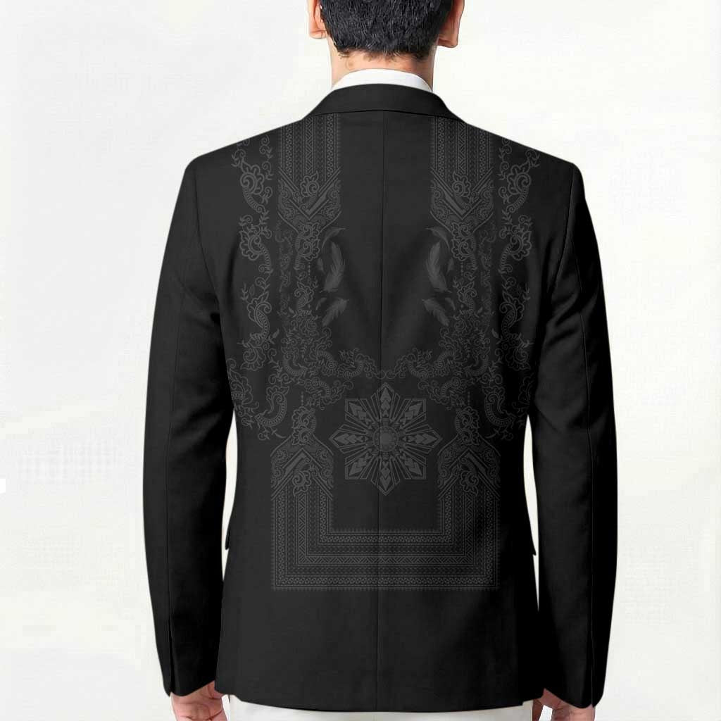 Philippines Barong Style Blazer with Polynesian Art and Leaf Motif Black Color