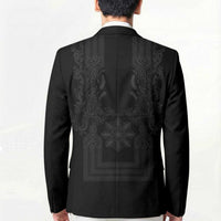Philippines Barong Style Blazer with Polynesian Art and Leaf Motif Black Color