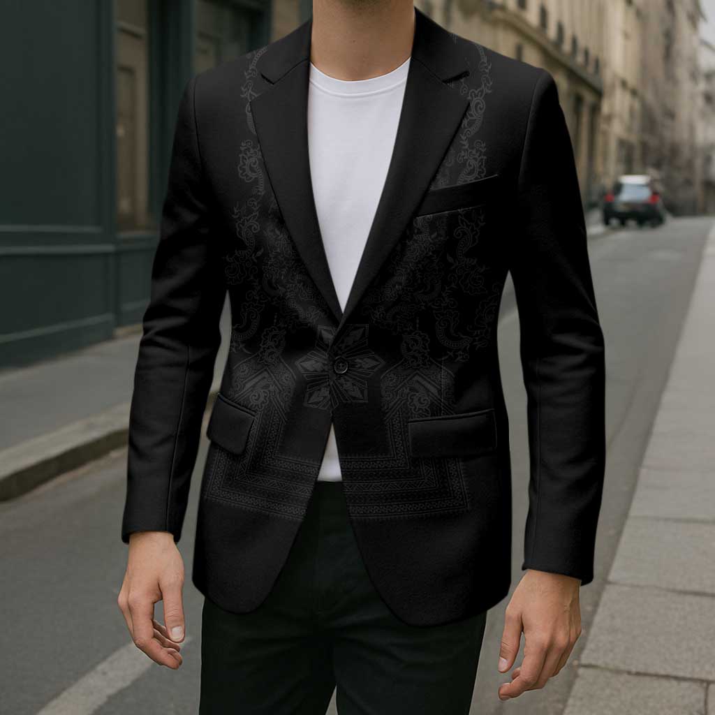 Philippines Barong Style Blazer with Polynesian Art and Leaf Motif Black Color