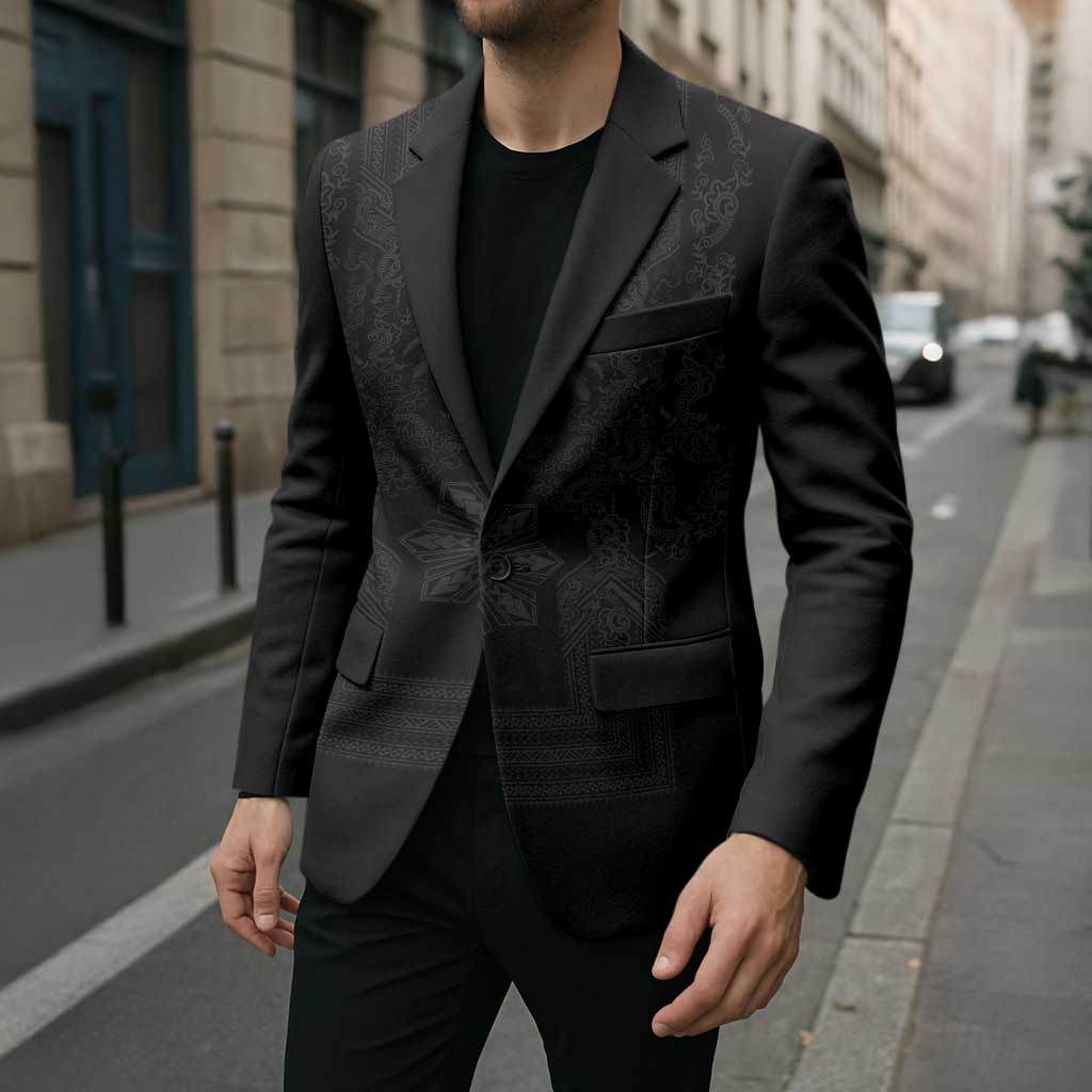 Philippines Barong Style Blazer with Polynesian Art and Leaf Motif Black Color