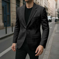 Philippines Barong Style Blazer with Polynesian Art and Leaf Motif Black Color
