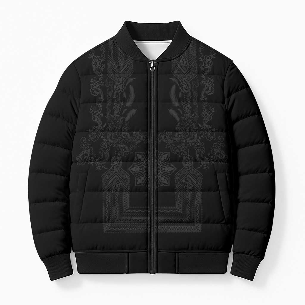 Philippines Barong Style Bomber Puffer Jacket with Polynesian Art and Leaf Motif Black Color LT03 Unisex Black - Polynesian Pride