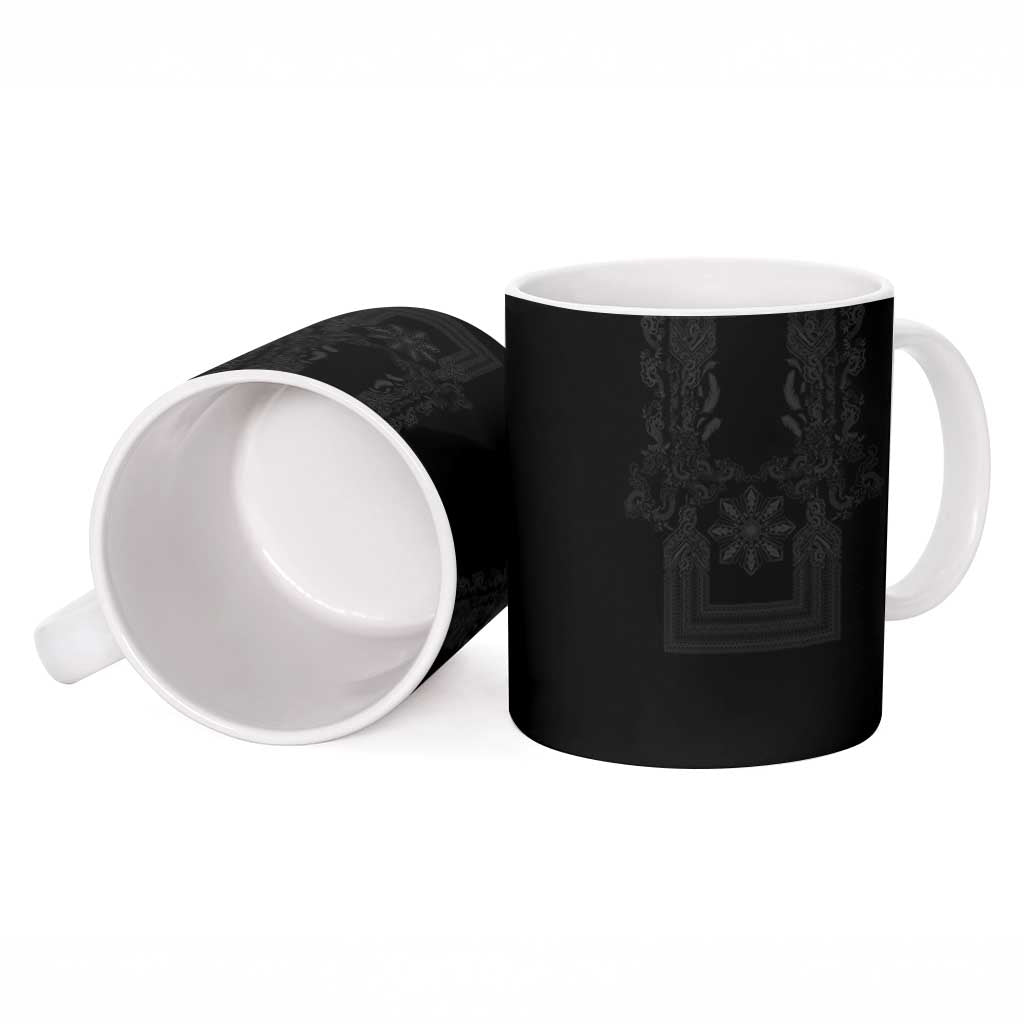 Philippines Barong Style Ceramic Mug with Polynesian Art and Leaf Motif Black Color