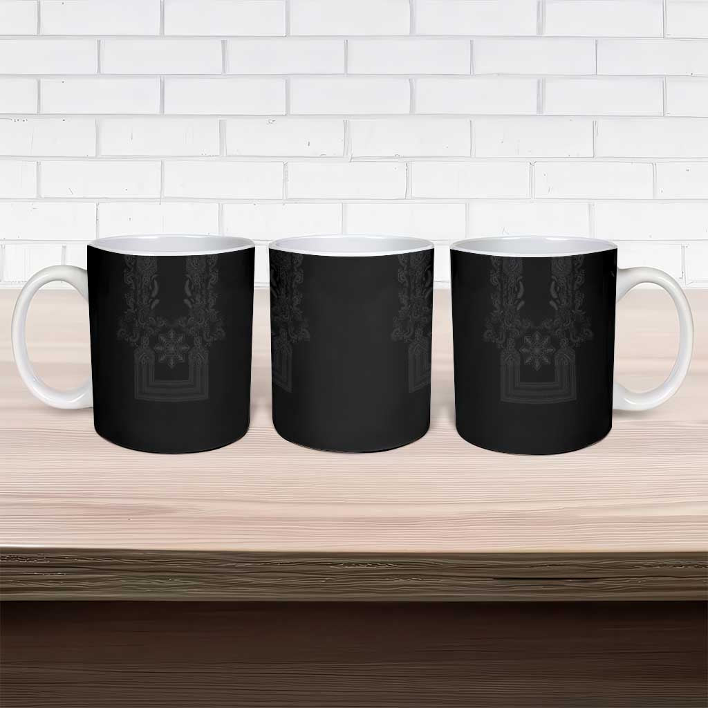 Philippines Barong Style Ceramic Mug with Polynesian Art and Leaf Motif Black Color