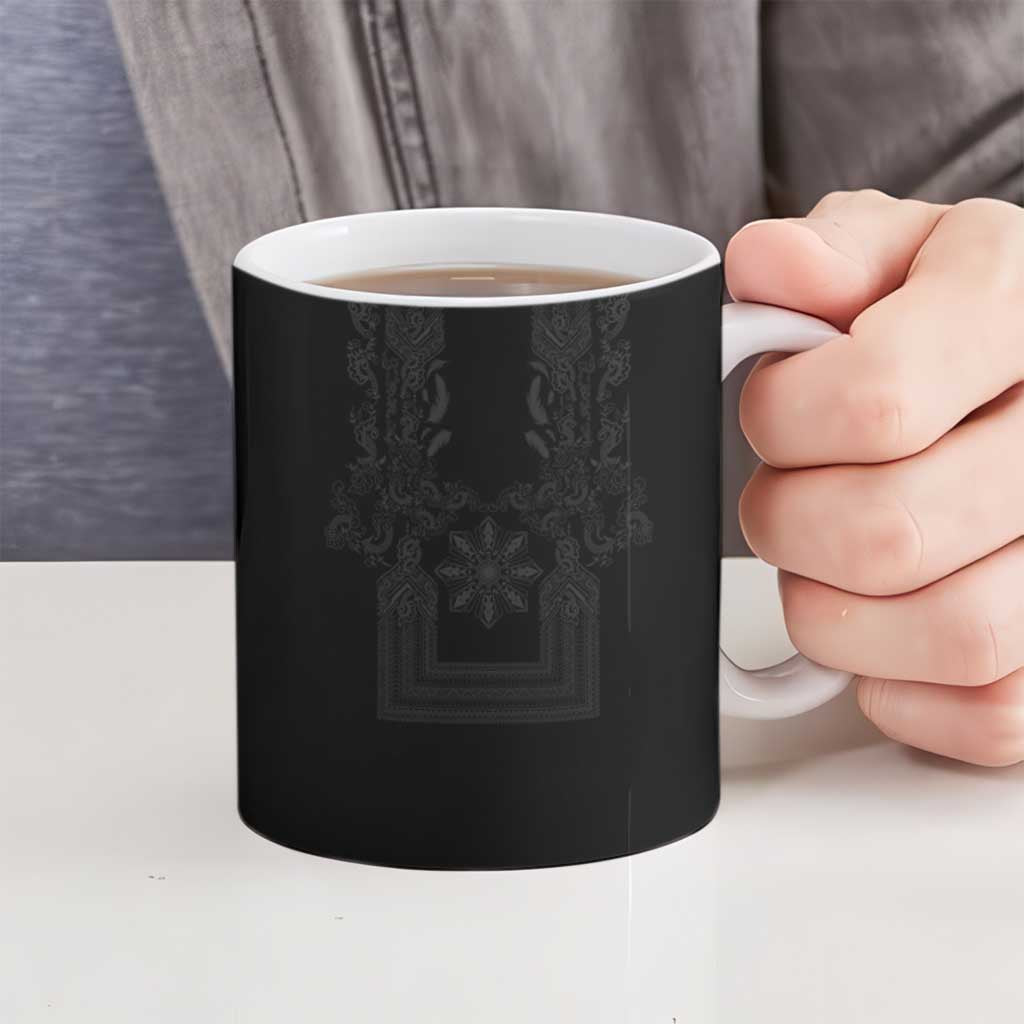 Philippines Barong Style Ceramic Mug with Polynesian Art and Leaf Motif Black Color
