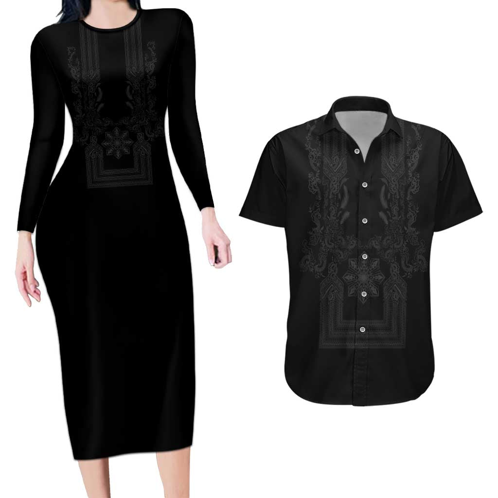 Philippines Barong Style Couples Matching Long Sleeve Bodycon Dress and Hawaiian Shirt with Polynesian Art and Leaf Motif Black Color