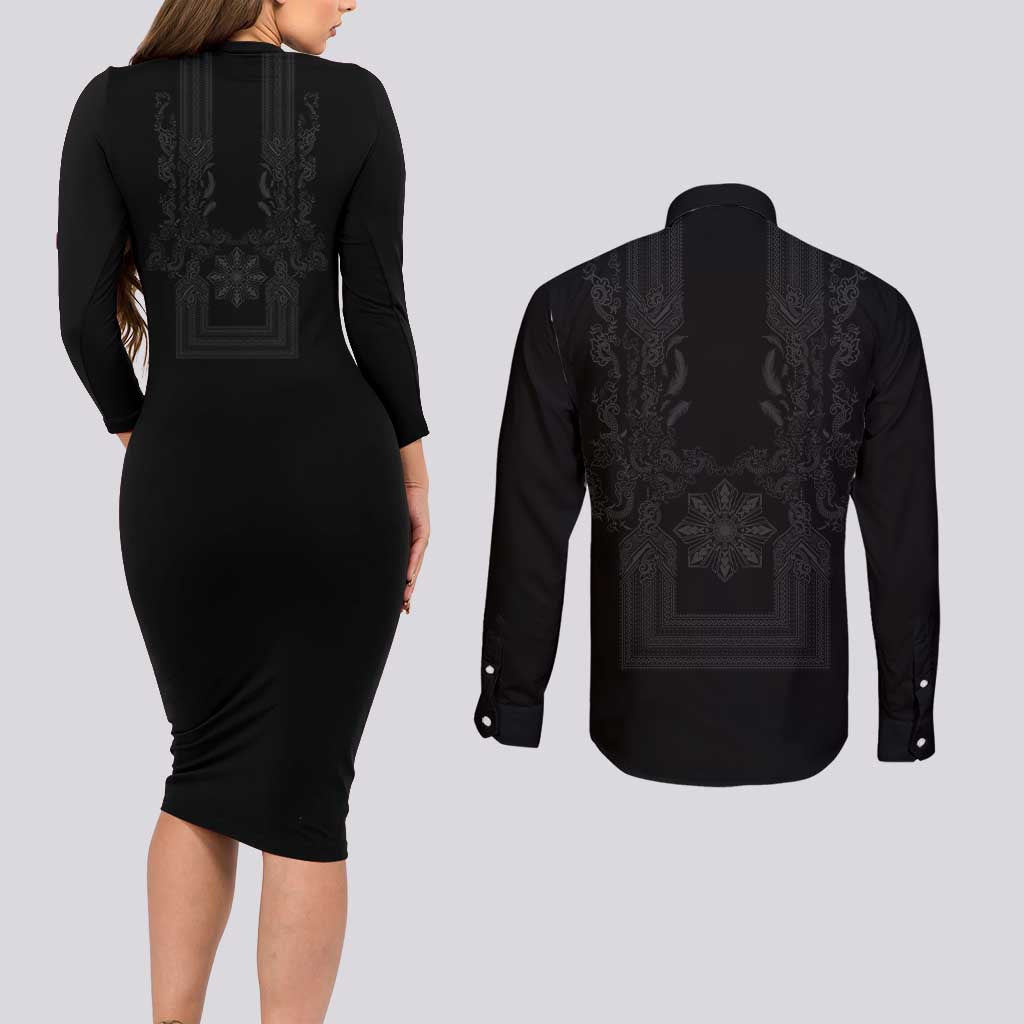 Philippines Barong Style Couples Matching Long Sleeve Bodycon Dress and Long Sleeve Button Shirt with Polynesian Art and Leaf Motif Black Color LT03 - Polynesian Pride