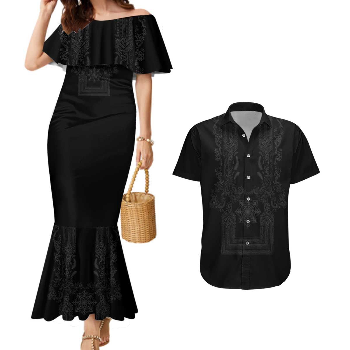 Philippines Barong Style Couples Matching Mermaid Dress and Hawaiian Shirt with Polynesian Art and Leaf Motif Black Color