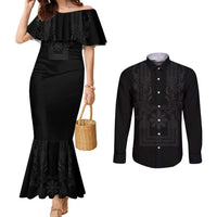 Philippines Barong Style Couples Matching Mermaid Dress and Long Sleeve Button Shirt with Polynesian Art and Leaf Motif Black Color LT03 Black - Polynesian Pride