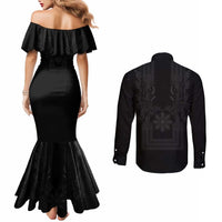 Philippines Barong Style Couples Matching Mermaid Dress and Long Sleeve Button Shirt with Polynesian Art and Leaf Motif Black Color LT03 - Polynesian Pride
