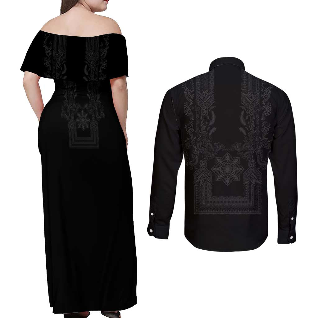 Philippines Barong Style Couples Matching Off Shoulder Maxi Dress and Long Sleeve Button Shirt with Polynesian Art and Leaf Motif Black Color LT03 - Polynesian Pride