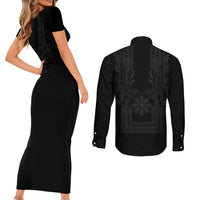Philippines Barong Style Couples Matching Short Sleeve Bodycon Dress and Long Sleeve Button Shirt with Polynesian Art and Leaf Motif Black Color LT03 - Polynesian Pride