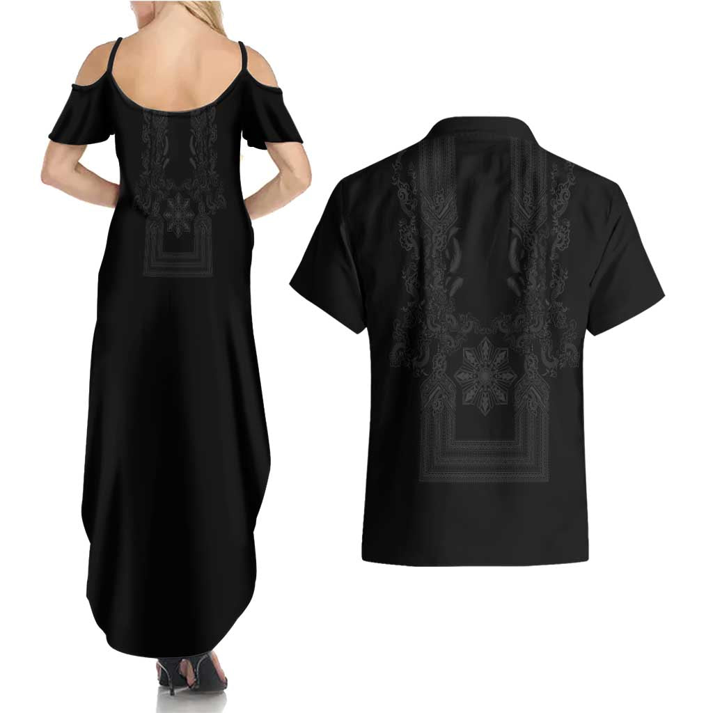 Philippines Barong Style Couples Matching Summer Maxi Dress and Hawaiian Shirt with Polynesian Art and Leaf Motif Black Color LT03 - Polynesian Pride