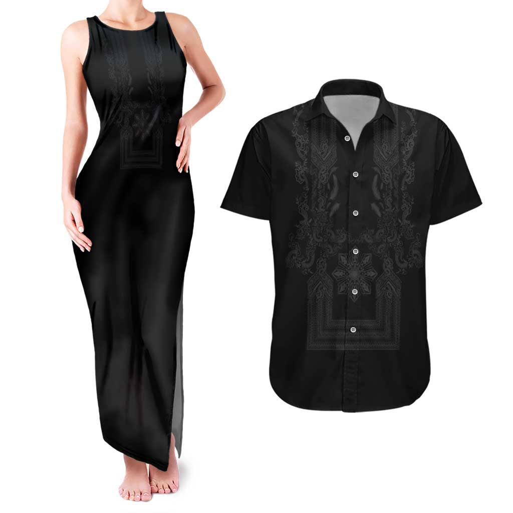 Philippines Barong Style Couples Matching Tank Maxi Dress and Hawaiian Shirt with Polynesian Art and Leaf Motif Black Color