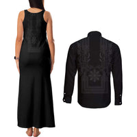 Philippines Barong Style Couples Matching Tank Maxi Dress and Long Sleeve Button Shirt with Polynesian Art and Leaf Motif Black Color LT03 - Polynesian Pride