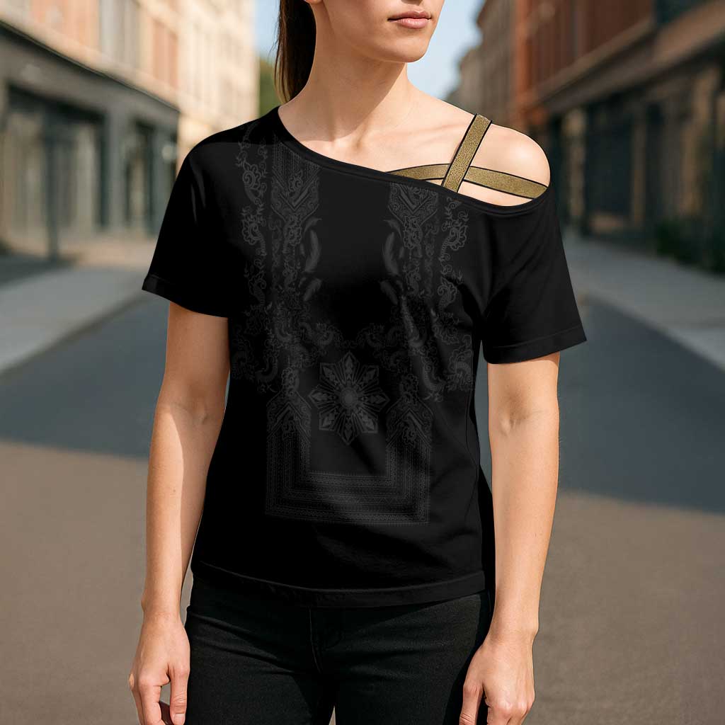 Philippines Barong Style Cross Shoulder Shirt with Polynesian Art and Leaf Motif Black Color