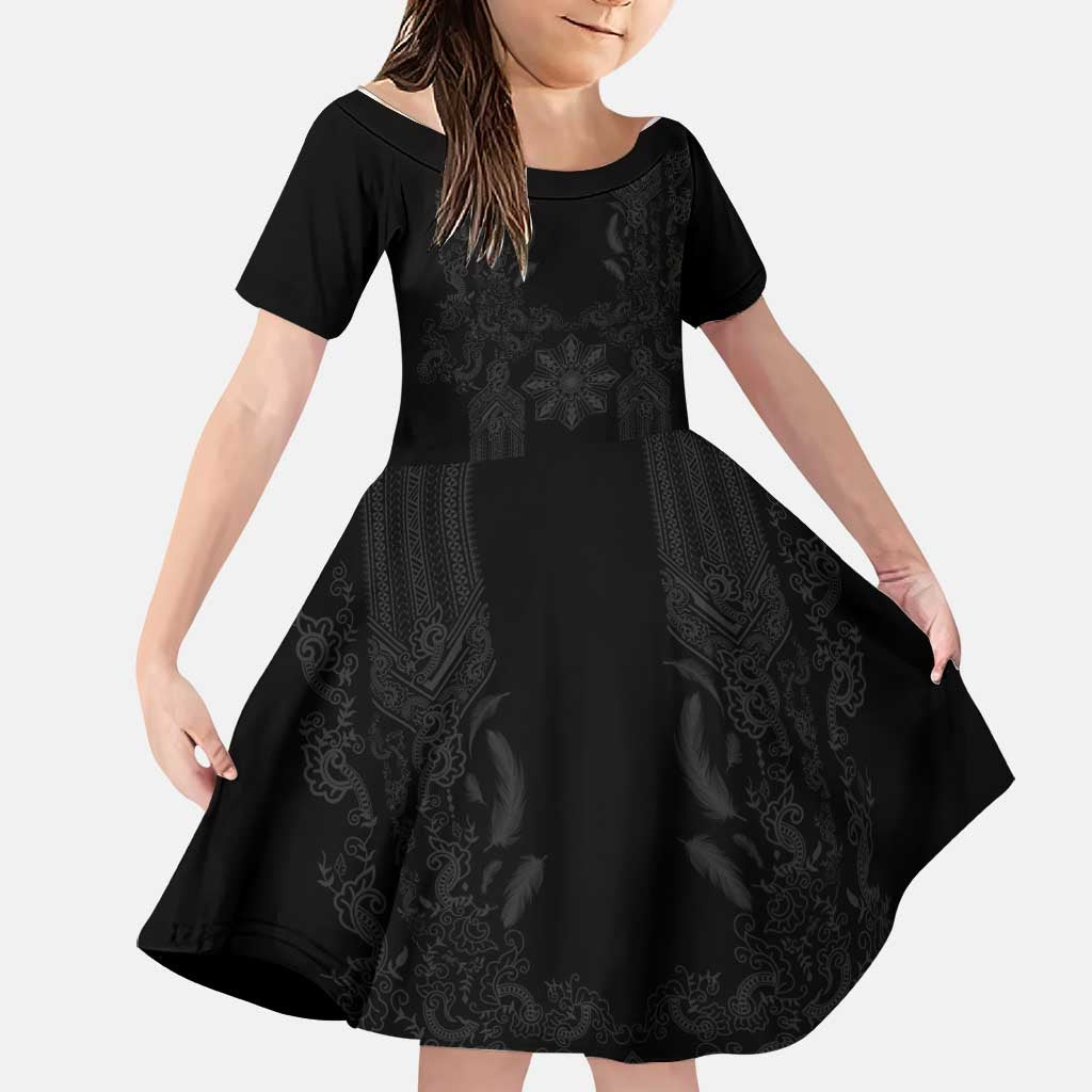 Philippines Barong Style Family Matching Long Sleeve Bodycon Dress and Hawaiian Shirt with Polynesian Art and Leaf Motif Black Color LT03 Daughter's Dress Black - Polynesian Pride