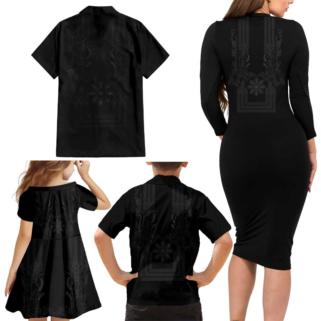 Philippines Barong Style Family Matching Long Sleeve Bodycon Dress and Hawaiian Shirt with Polynesian Art and Leaf Motif Black Color LT03 - Polynesian Pride
