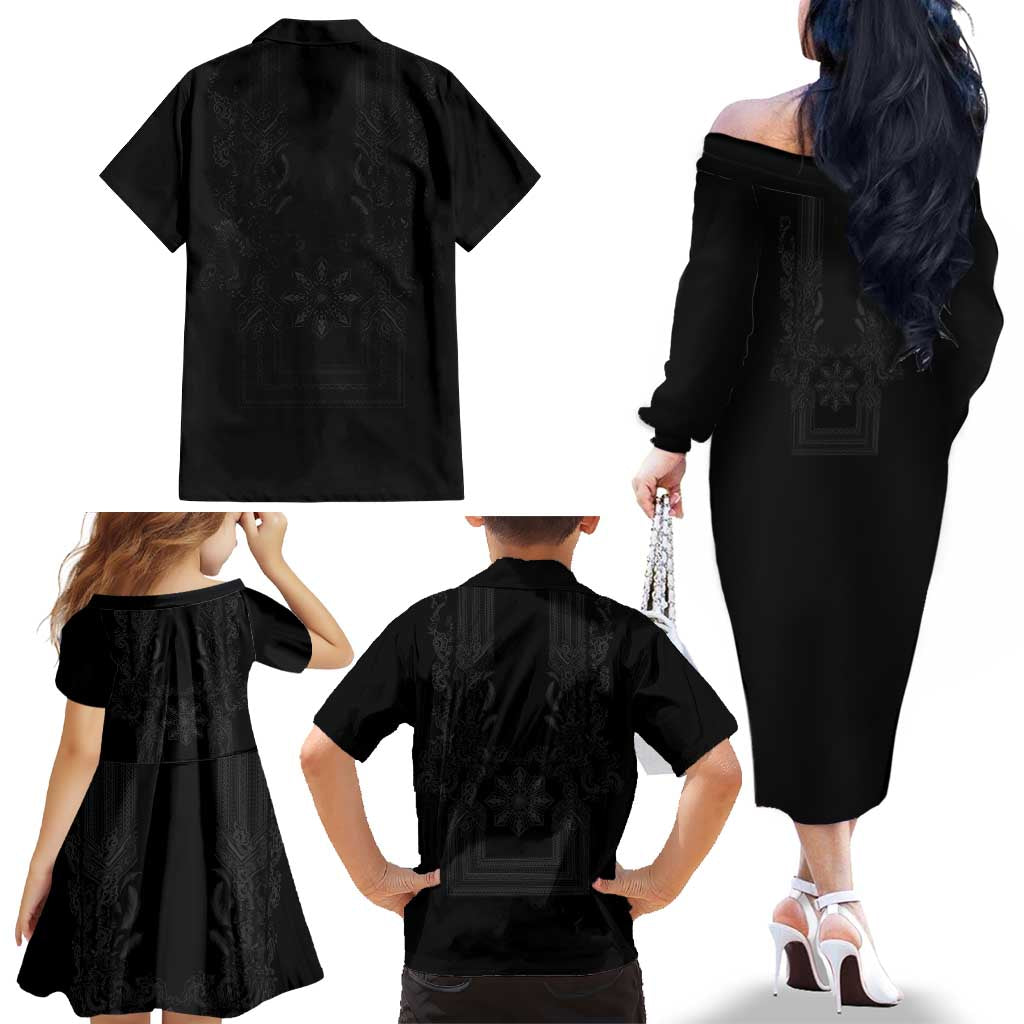 Philippines Barong Style Family Matching Off The Shoulder Long Sleeve Dress and Hawaiian Shirt with Polynesian Art and Leaf Motif Black Color LT03 - Polynesian Pride