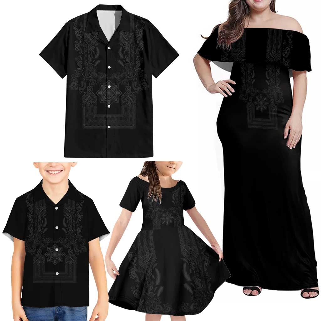 Philippines Barong Style Family Matching Off Shoulder Maxi Dress and Hawaiian Shirt with Polynesian Art and Leaf Motif Black Color LT03 - Polynesian Pride