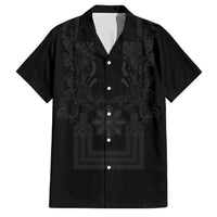 Philippines Barong Style Family Matching Off Shoulder Maxi Dress and Hawaiian Shirt with Polynesian Art and Leaf Motif Black Color LT03 Dad's Shirt - Short Sleeve Black - Polynesian Pride