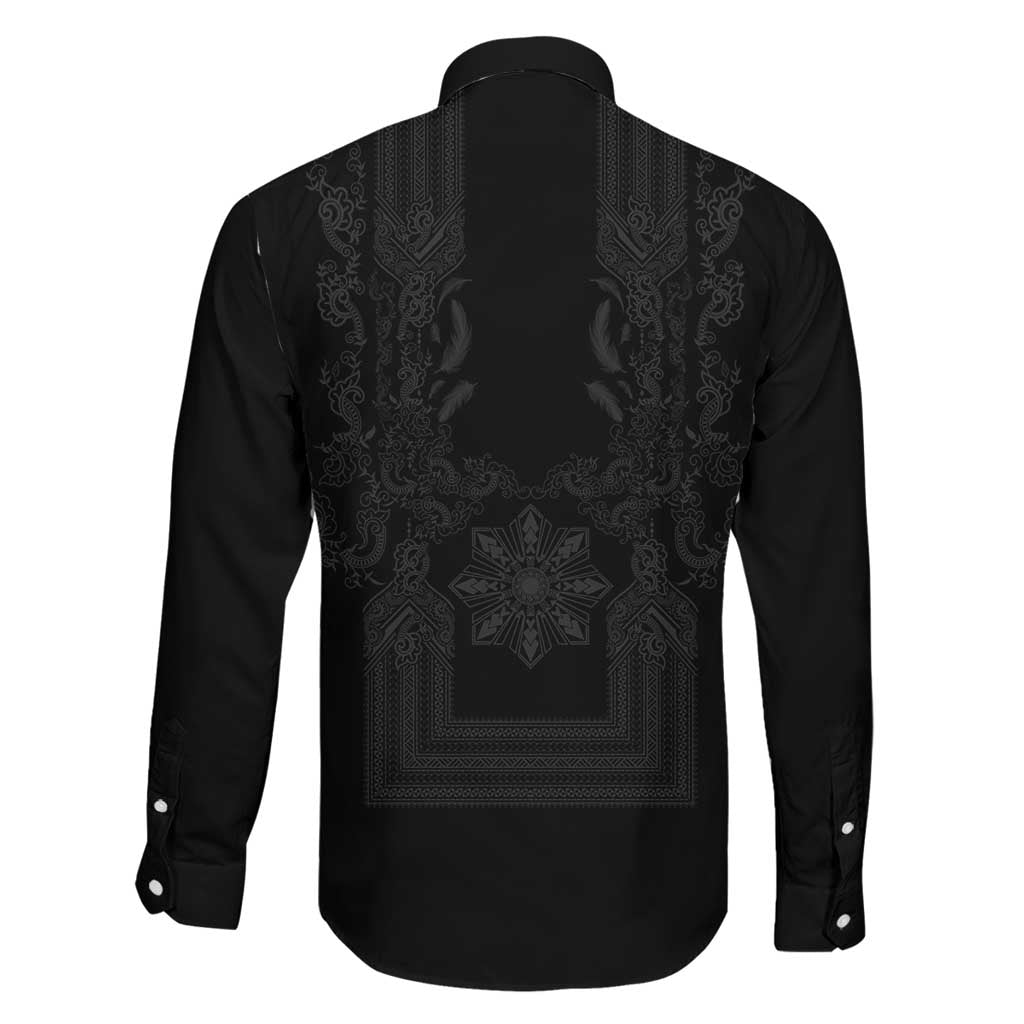 Philippines Barong Style Family Matching Off Shoulder Maxi Dress and Hawaiian Shirt with Polynesian Art and Leaf Motif Black Color LT03 - Polynesian Pride