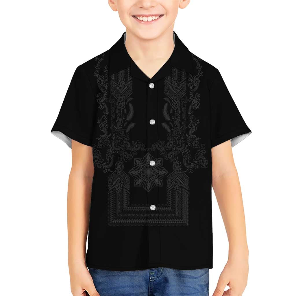 Philippines Barong Style Family Matching Off Shoulder Maxi Dress and Hawaiian Shirt with Polynesian Art and Leaf Motif Black Color LT03 Son's Shirt Black - Polynesian Pride