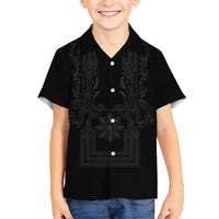 Philippines Barong Style Family Matching Off Shoulder Maxi Dress and Hawaiian Shirt with Polynesian Art and Leaf Motif Black Color LT03 Son's Shirt Black - Polynesian Pride