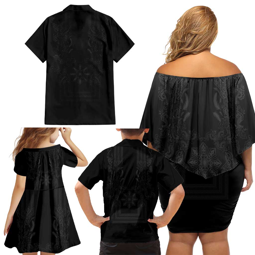 Philippines Barong Style Family Matching Off Shoulder Short Dress and Hawaiian Shirt with Polynesian Art and Leaf Motif Black Color LT03 - Polynesian Pride
