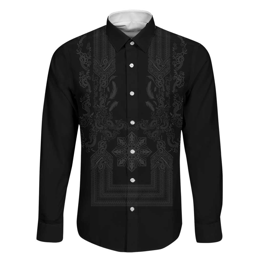 Philippines Barong Style Family Matching Off Shoulder Short Dress and Hawaiian Shirt with Polynesian Art and Leaf Motif Black Color LT03 Dad's Shirt - Long Sleeve Black - Polynesian Pride