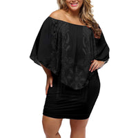 Philippines Barong Style Family Matching Off Shoulder Short Dress and Hawaiian Shirt with Polynesian Art and Leaf Motif Black Color LT03 Mom's Dress Black - Polynesian Pride
