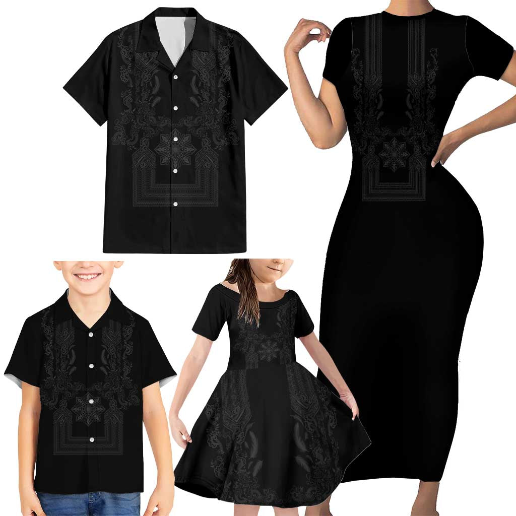 Philippines Barong Style Family Matching Short Sleeve Bodycon Dress and Hawaiian Shirt with Polynesian Art and Leaf Motif Black Color LT03 - Polynesian Pride
