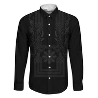 Philippines Barong Style Family Matching Summer Maxi Dress and Hawaiian Shirt with Polynesian Art and Leaf Motif Black Color LT03 Dad's Shirt - Long Sleeve Black - Polynesian Pride