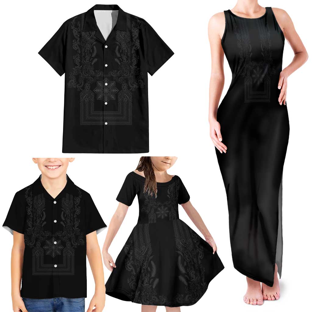 Philippines Barong Style Family Matching Tank Maxi Dress and Hawaiian Shirt with Polynesian Art and Leaf Motif Black Color